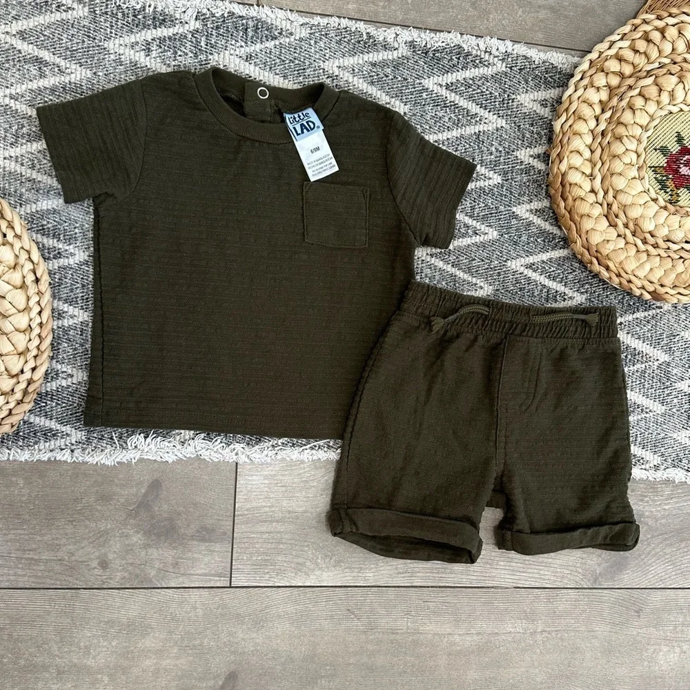 New Little Lad Baby Boy Dark Green Modern Textured Shirt & Shorts Outfit Set
